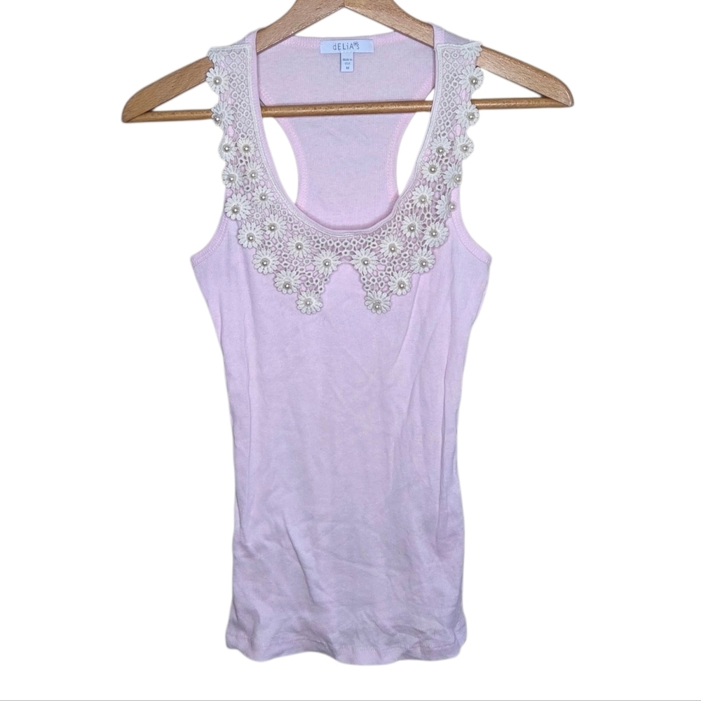 Y2K Delia's Ribbed Light Pink Racerback Tank Top Crochet Flowers Faux Pearls